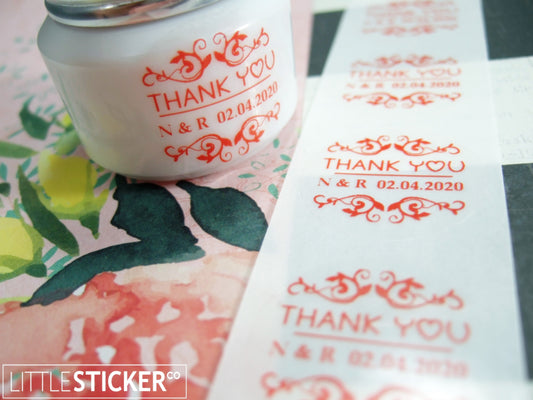 Thank you stickers. Leaf and swirl design with personalised initials & date. Choose colour and sticker size!