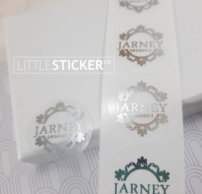 Business product stickers or name stickers. Baroque design with personalised text. Choose sticker colour and size!