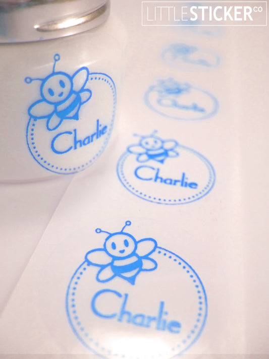 Children's name stickers. Cute bee design with personalised name. Choose colour and size!