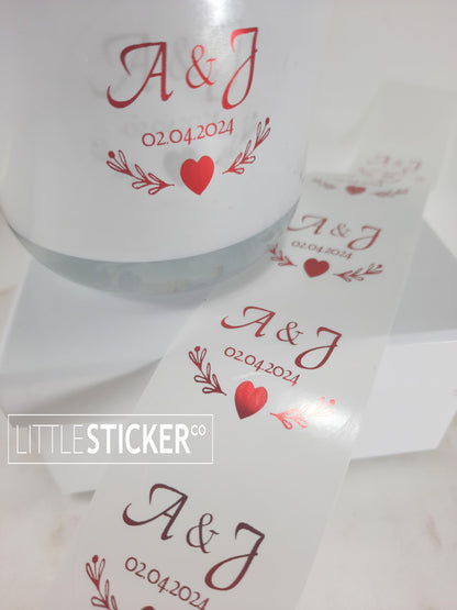 Wedding stickers. Heart and Leaf design, personalised initials and date. Choose sticker size & colour