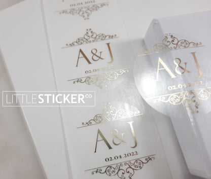 Wedding stickers. Ornate scroll design, personalised with your initials and date. Choose colour and size!