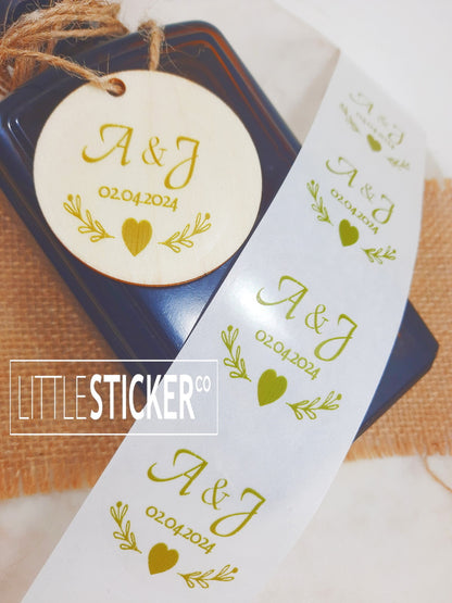 Wedding stickers. Heart and Leaf design, personalised initials and date. Choose sticker size & colour