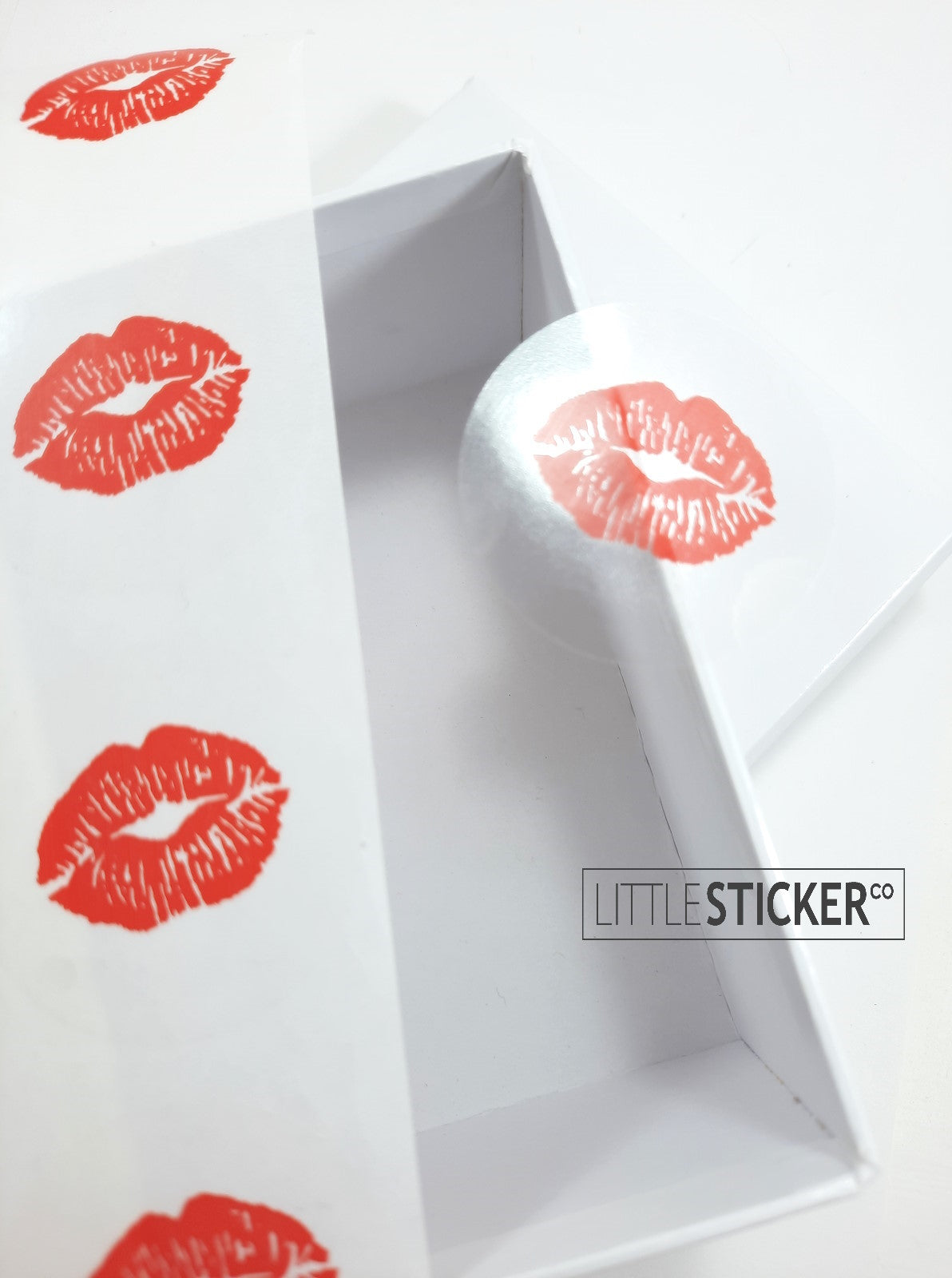 Kiss Lips stickers. 40mm round clear stickers with red lips