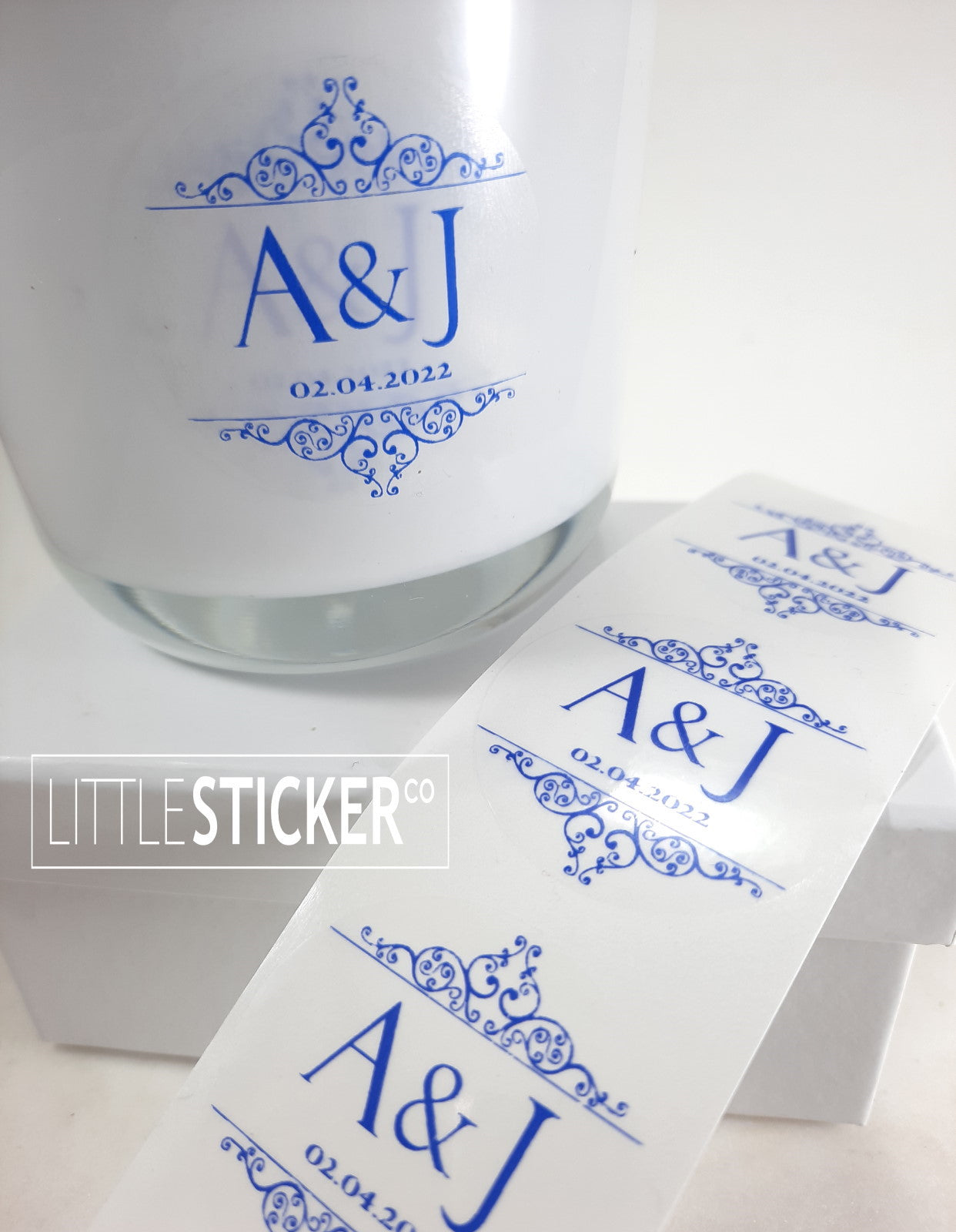 Wedding stickers. Ornate scroll design, personalised with your initials and date. Choose colour and size!