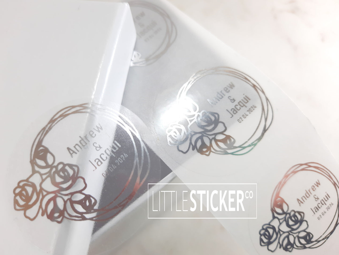 Thank you stickers, Business product stickers, name or event stickers. Hand drawn floral design. Personalised names, numbers, text. Choose sticker colour and size!