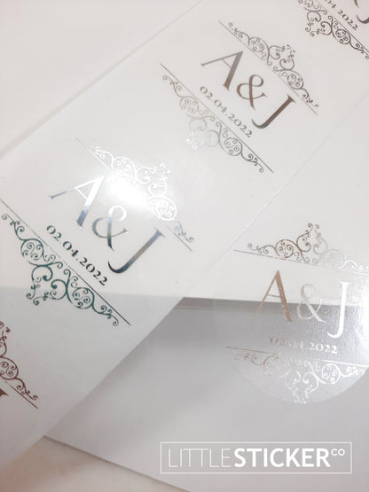 Wedding stickers. Ornate scroll design, personalised with your initials and date. Choose colour and size!