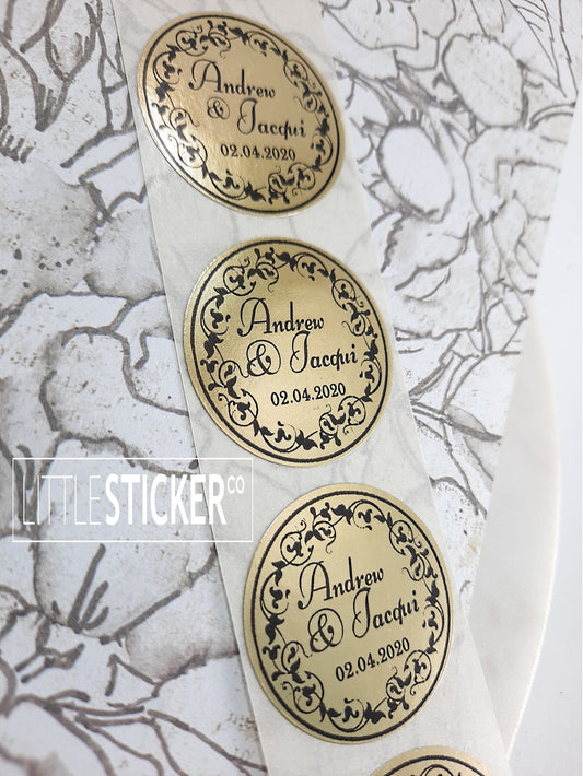 Gold Wedding stickers - round Ornate border design. Personalise with your Name's & date.