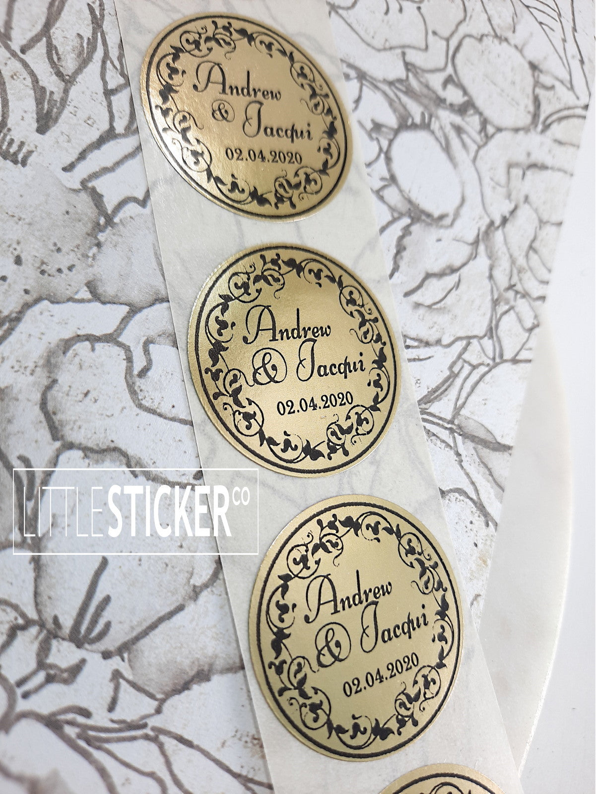 Gold Wedding stickers - 3.5cm round. Ornate border design. Personalise with your Name's & date.