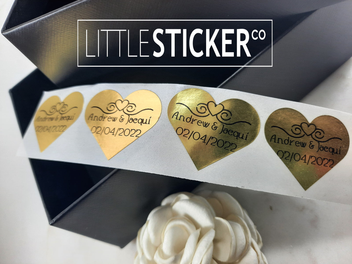 Wedding stickers, romantic swirly heart design, 35x30mm gold hearts, personalised with your names & date