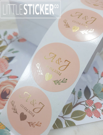 Wedding stickers. Heart and Leaf design, personalised initials and date. Choose sticker size & colour