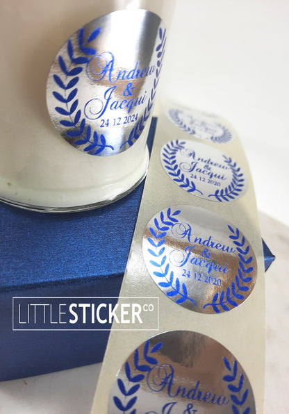 Business product stickers, name or event stickers. Leaf Wreath design with personalised names, numbers, text. Choose sticker colour and size!