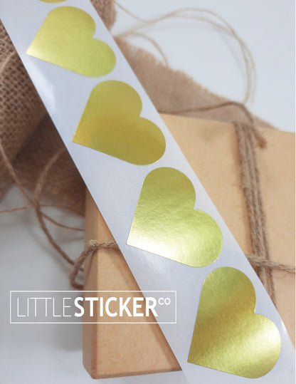 Gold Heart stickers 35x30mm. Metallic gold heart shaped labels