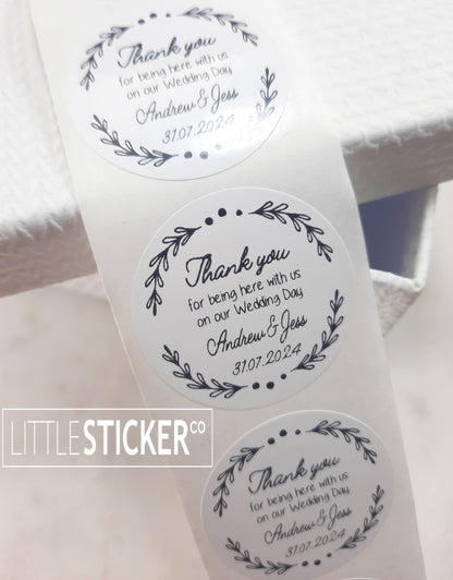 Thank you Wedding stickers. Botanical border with thank you message, personalised names and date. Choose colour and size