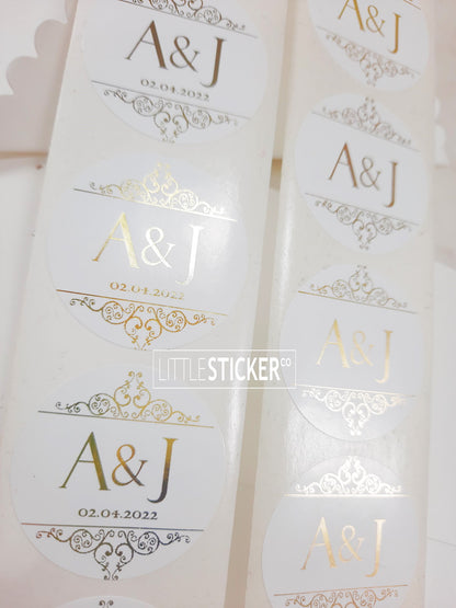 Wedding stickers. Ornate scroll design, personalised with your initials and date. Choose colour and size!