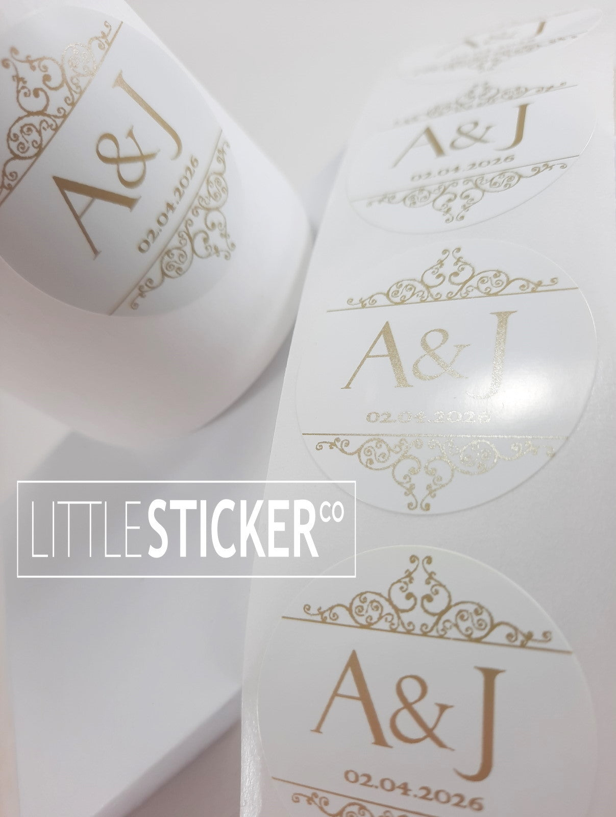 Wedding stickers. Ornate scroll design, personalised with your initials and date. Choose colour and size!