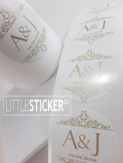 Wedding stickers. Ornate scroll design, personalised with your initials and date. Choose colour and size!