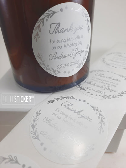 Thank you Wedding stickers. Botanical border with thank you message, personalised names and date. Choose colour and size