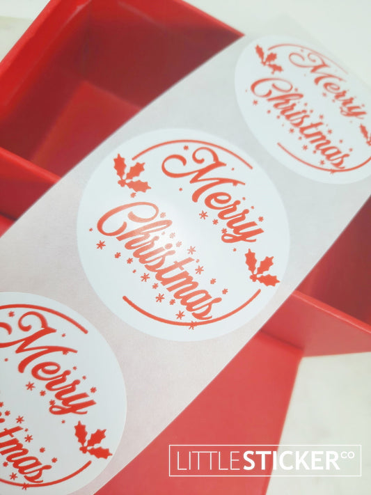 Merry Christmas stickers. White gloss circle stickers with red holly 50mm large!