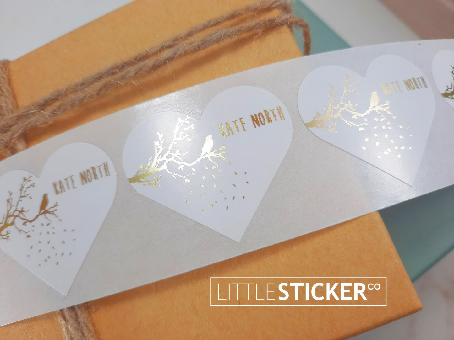 Name stickers. Autumn tree branch with bird design and personalised text. Choose sticker colour, shape and size!