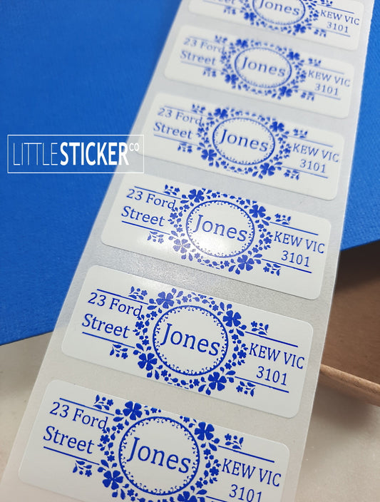 Personalised Address labels with Monogram and floral banner. Add your Name and address, choose colour and size!