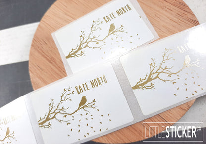 Name stickers. Autumn tree branch with bird design and personalised text. Choose sticker colour, shape and size!