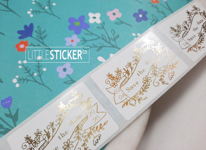 Personalised stickers with Ribbon banner and floral design. Personalise with your Name, date or a few words. Choose colour and size!