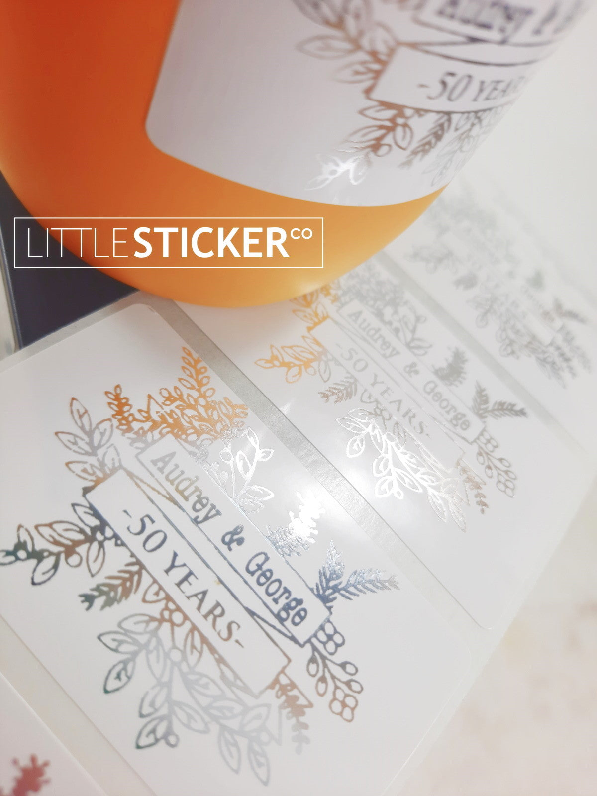 Personalised stickers with Ribbon banner and floral design. Personalise with your Name, date or a few words. Choose colour and size!