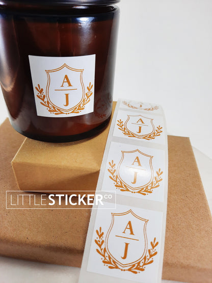 Initials or Monogram stickers. Shield and branch design, personalised with your initials. Choose colour and size!