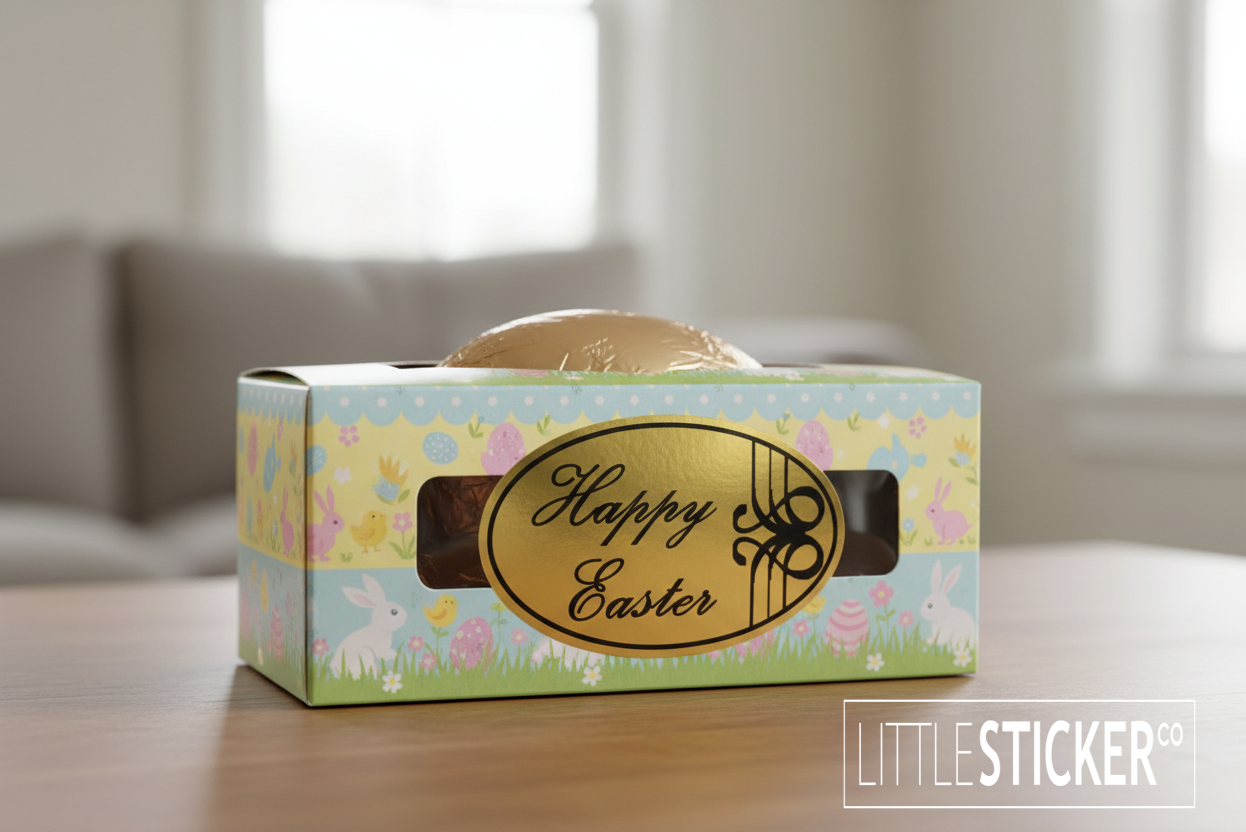 Happy Easter stickers. Gold ovals 46x28mm with 'Happy Easter' in black