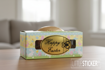 Happy Easter stickers. Gold ovals 46x28mm with 'Happy Easter' in black