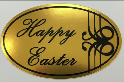 Happy Easter stickers. Gold ovals 46x28mm with 'Happy Easter' in black