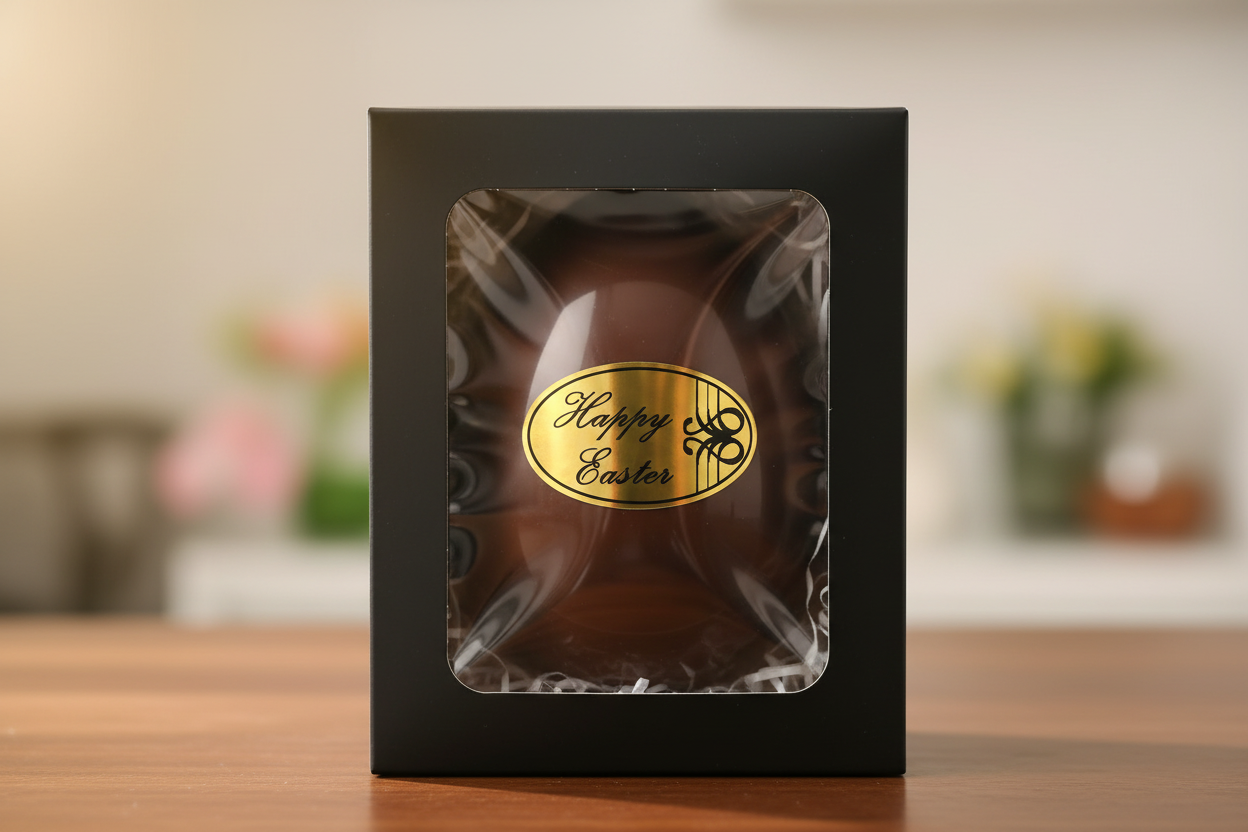 Happy Easter stickers. Gold ovals 46x28mm with 'Happy Easter' in black