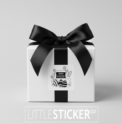 Happy Easter stickers. 35mm square white stickers with 'Happy Easter' in black with cute bunny