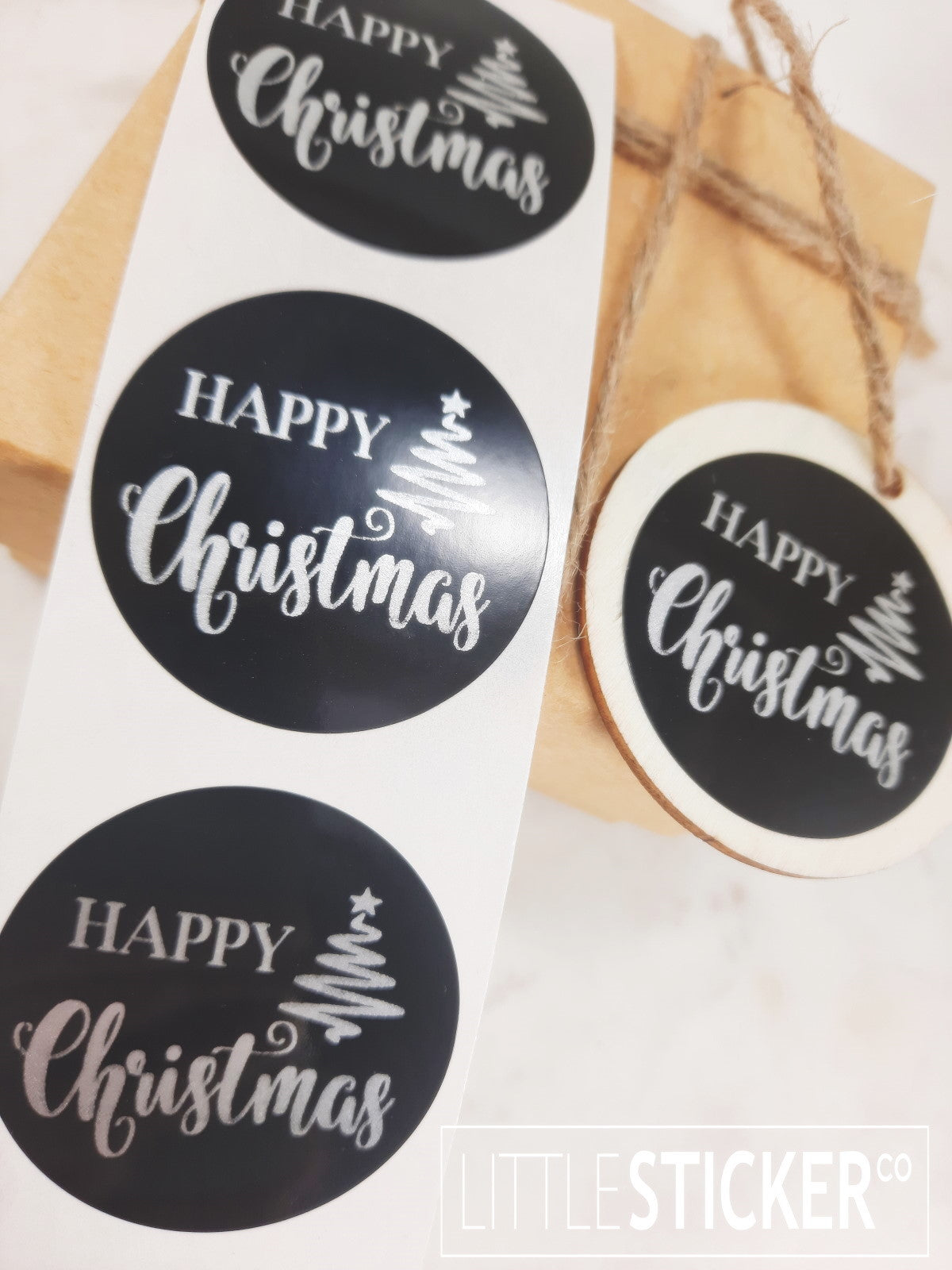 Happy Christmas stickers. Round black gloss stickers with Matte Silver ''Happy Christmas'' and christmas tree 40mm