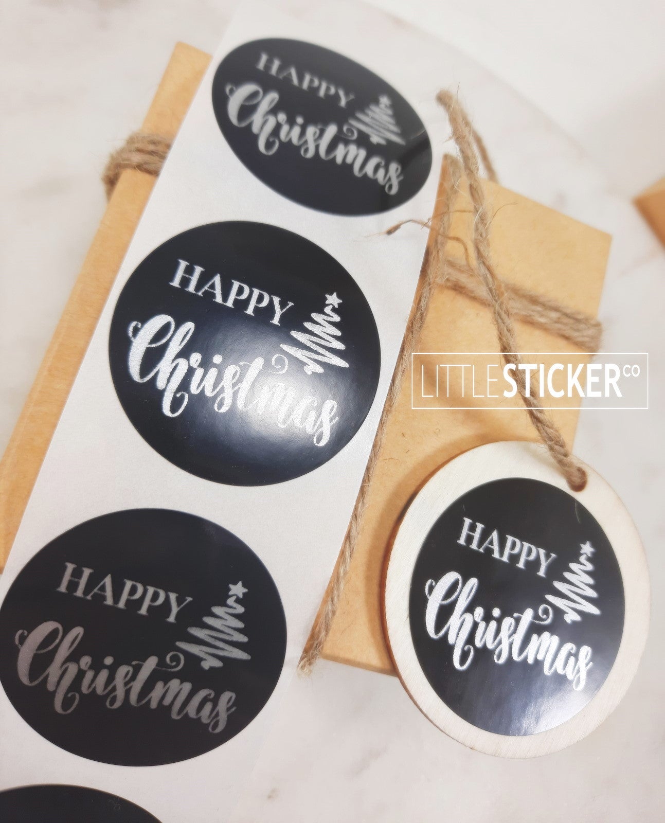 Happy Christmas stickers. Round black gloss stickers with Matte Silver ''Happy Christmas'' and christmas tree 40mm