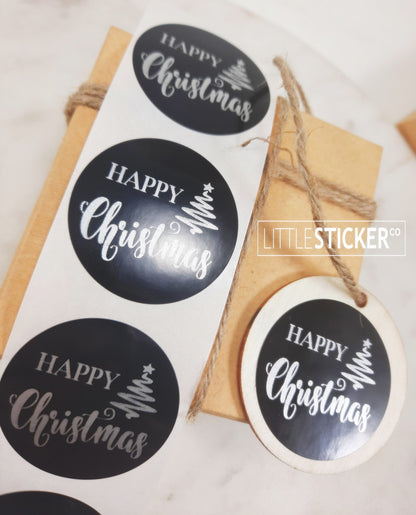 Happy Christmas stickers. Round black gloss stickers with Matte Silver ''Happy Christmas'' and christmas tree 40mm