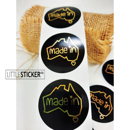 Made in Australia stickers. 40mm round gloss black with Foil gold design and text