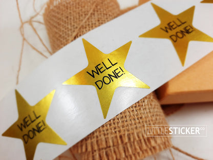 ''Well Done'' Award stickers / teacher stickers. 45mm metallic gold star shaped stickers