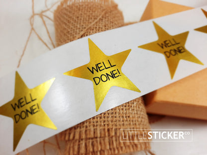 ''Well Done'' Award stickers / teacher stickers. 45mm metallic gold star shaped stickers