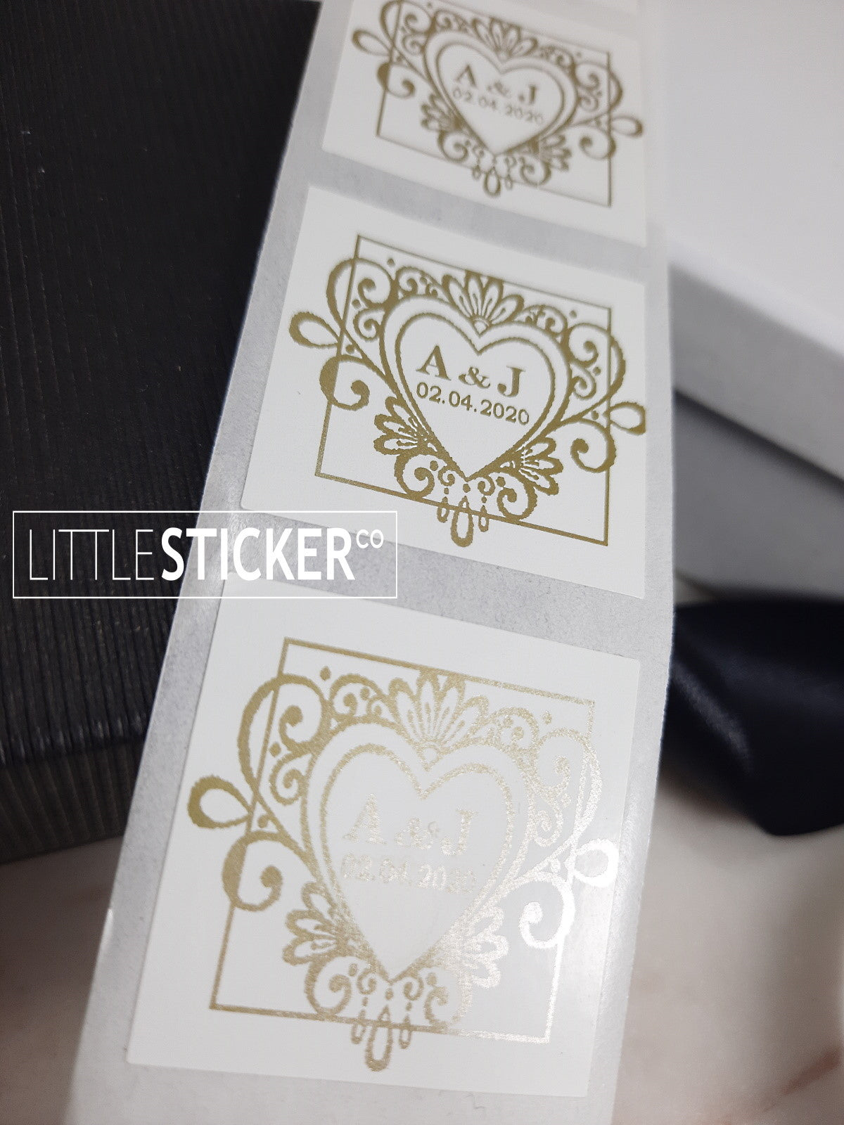 Wedding stickers, romantic swirly heart design, 35mm square stickers, personalised with your initials & date. Choose colour