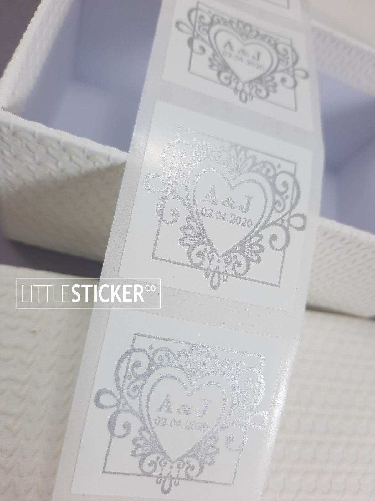 Wedding stickers, romantic swirly heart design, 35mm square stickers, personalised with your initials & date. Choose colour