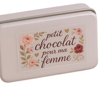 a photograph of a clear rectangle sticker that is 5cm across and 2.5cm tall. The sticker is stuck onto a pale lilac biscuit tin. The sticker has a romantic multi coloured design suitable for a box of chocolates with the text ''petit chocolat pour ma femme''. The background colour of the sticker is clear.