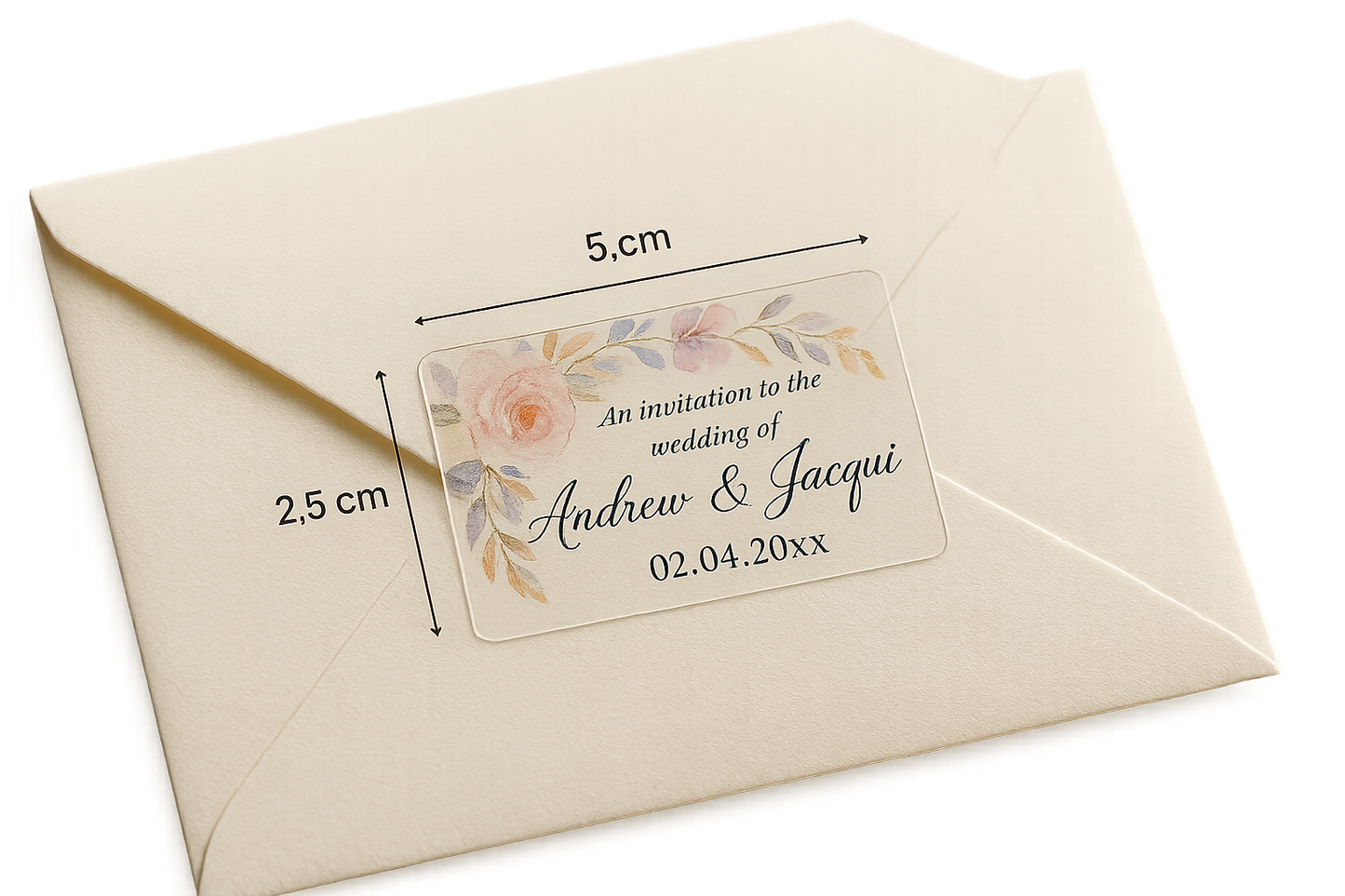 a photograph of a clear rectangle sticker that is 5cm across and 2.5cm tall. The sticker is stuck onto the back of a luxurious wedding invitation envelope. The sticker has a pretty multi coloured design suitable for a wedding invitation with the text ''An invitation to the wedding of Andrew & Jacqui 02.04.20xx''. The background colour of the sticker is clear.