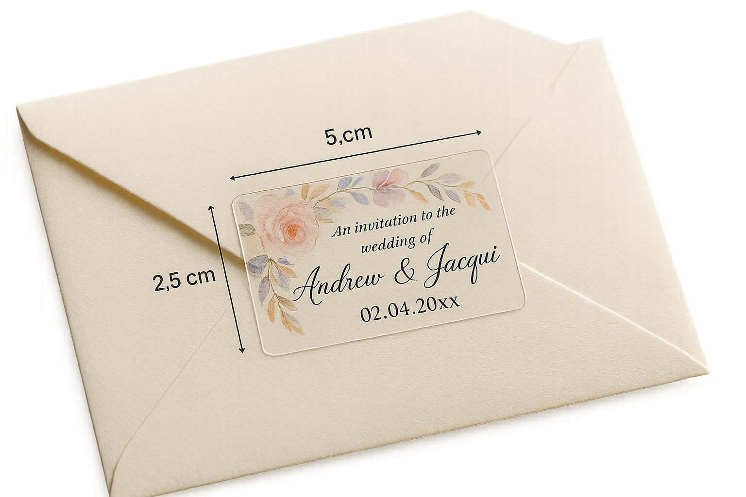 a photograph of a clear rectangle sticker that is 5cm across and 2.5cm tall. The sticker is stuck onto the back of a luxurious wedding invitation envelope. The sticker has a pretty multi coloured design suitable for a wedding invitation with the text ''An invitation to the wedding of Andrew & Jacqui 02.04.20xx''. The background colour of the sticker is clear.