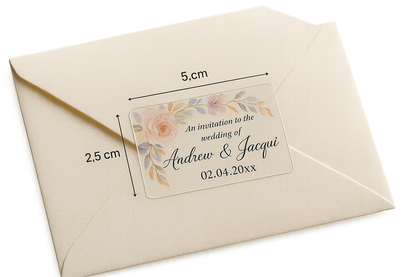 a photograph of a clear rectangle sticker that is 5cm across and 2.5cm tall. The sticker is stuck onto the back of a luxurious wedding invitation envelope. The sticker has a pretty multi coloured design suitable for a wedding invitation with the text ''An invitation to the wedding of Andrew & Jacqui 02.04.20xx''. The background colour of the sticker is clear.