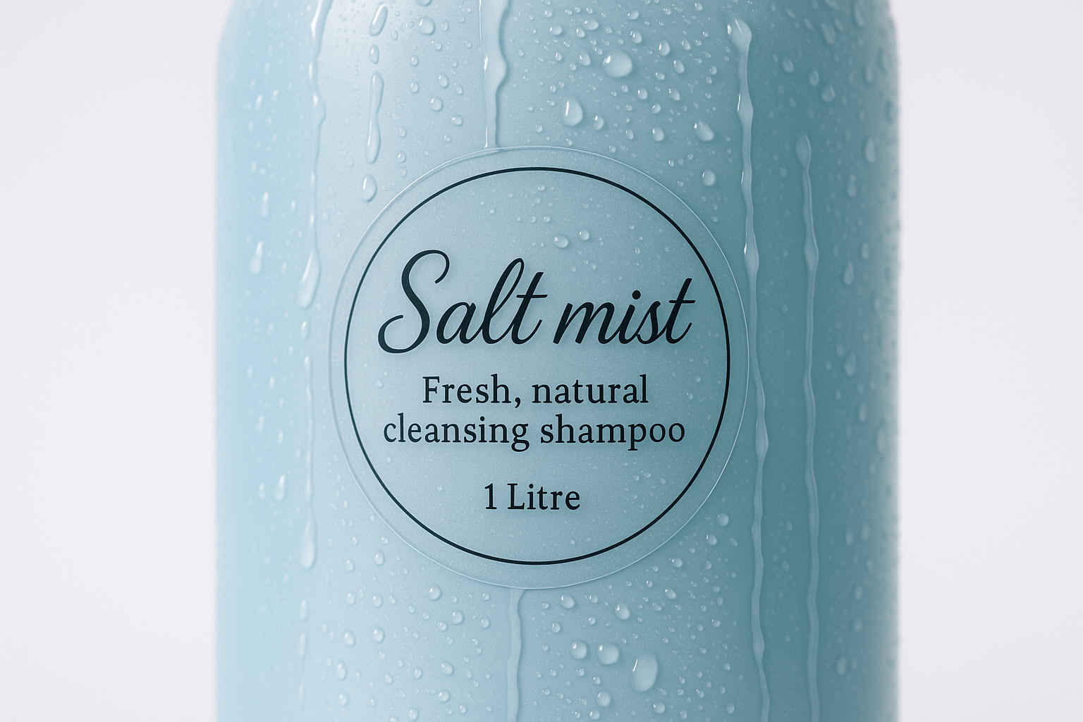 a photograph of a clear round sticker that is 5cm across. The sticker is stuck onto a pale blue shampoo bottle with water dripping down the side of the shampoo bottle. The sticker has a pretty logo printed on it, with the text ''Salt mist Fresh, natural cleansing shampoo, 1Litre''