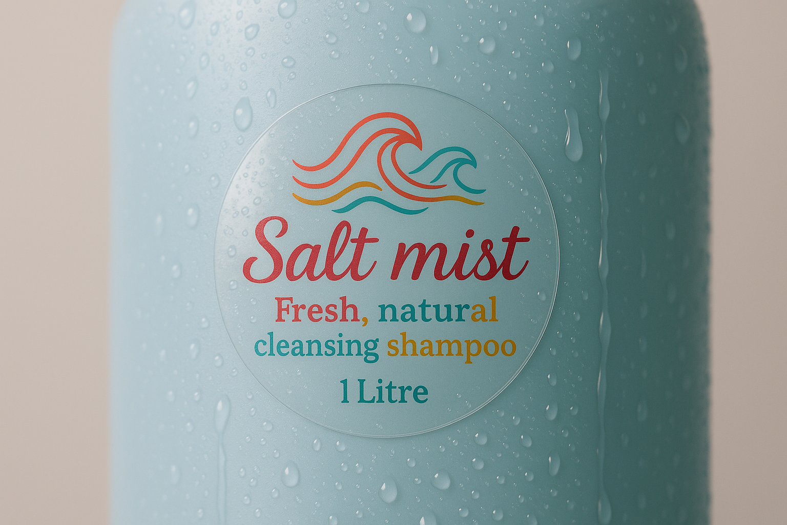 a photograph of a clear round sticker that is 5cm across. The sticker is stuck onto a pale blue shampoo bottle with water dripping down the side of the shampoo bottle. The sticker has a pretty logo printed on it in multiple colours, with the text ''Salt mist Fresh, natural cleansing shampoo, 1Litre''