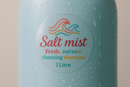 a photograph of a clear round sticker that is 5cm across. The sticker is stuck onto a pale blue shampoo bottle with water dripping down the side of the shampoo bottle. The sticker has a pretty logo printed on it in multiple colours, with the text ''Salt mist Fresh, natural cleansing shampoo, 1Litre''
