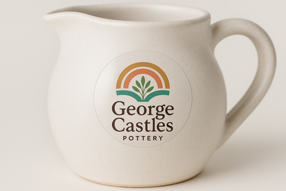 a photograph of a clear round sticker that is 5cm across. The sticker is stuck onto the front of white matte clay artisan milk jug.  The sticker has a pretty logo printed on it in multiple colours, with the text ''George Castles Pottery''. The sticker is clear.