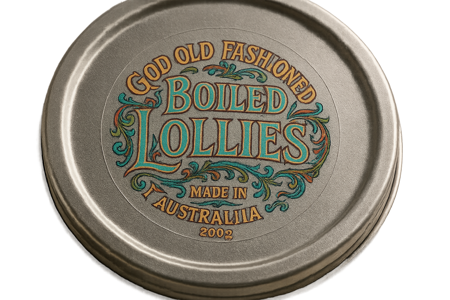 a photograph of a clear round sticker that is 5cm across. The sticker is stuck onto the lid of a round tin.  The sticker has an art nouveau style logo printed on it in multiple colours, with the text ''Good Old Fashioned Boiled Lollies. Made in Australia 200g''. The sticker is clear.